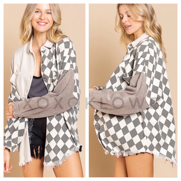 1 L POL Retro 90s Color Block Harlequin Print Denim Twill Shacket - Picture 6 of 14